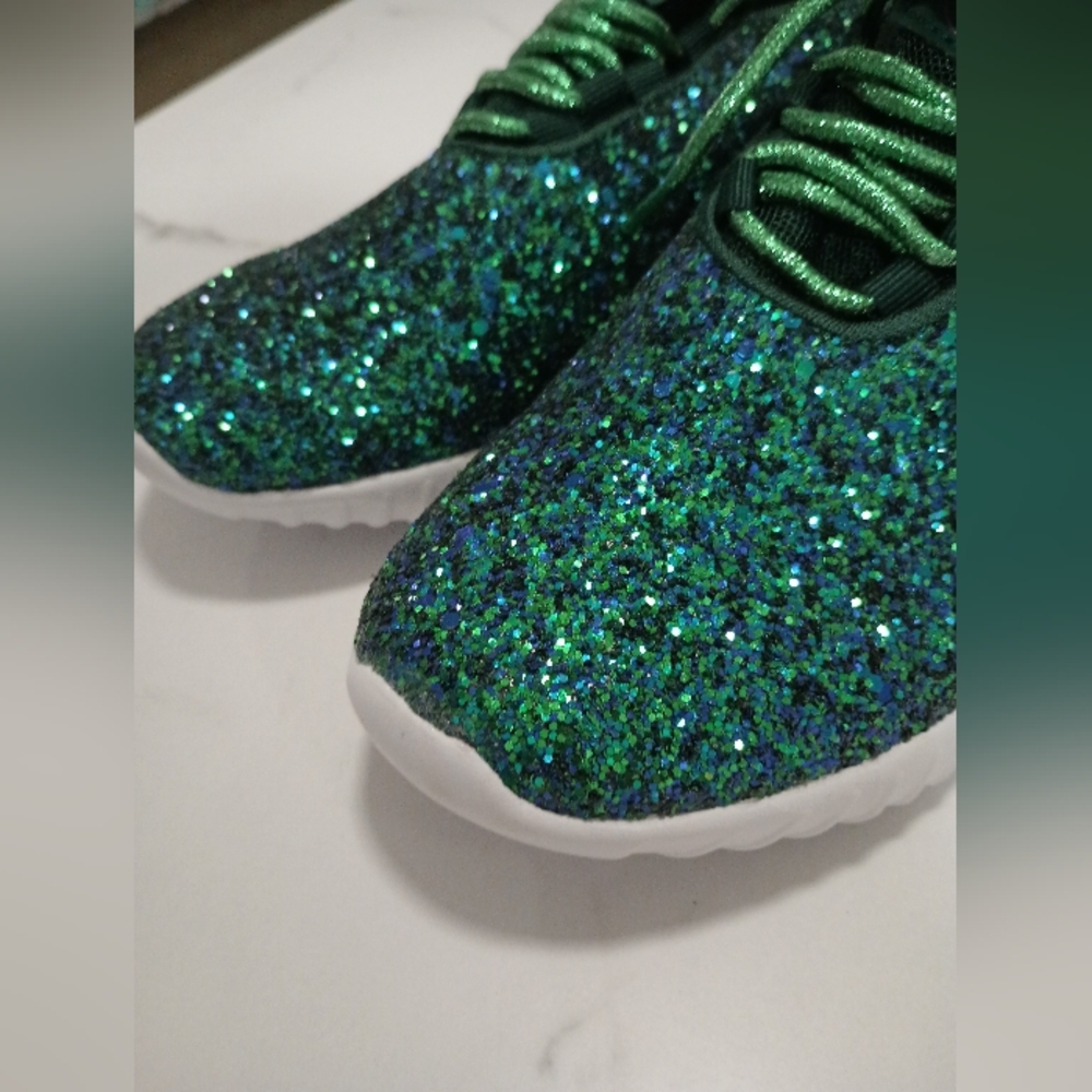 Sparkly Green Teal Glitter Sneakers - Women's 7